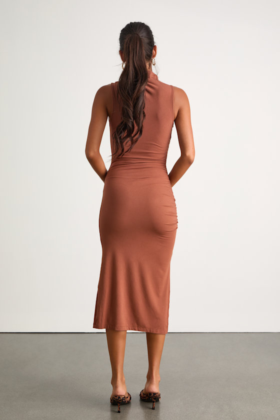 Elevated Presence Brown Sleeveless Ruched Funnel Neck Midi Dress