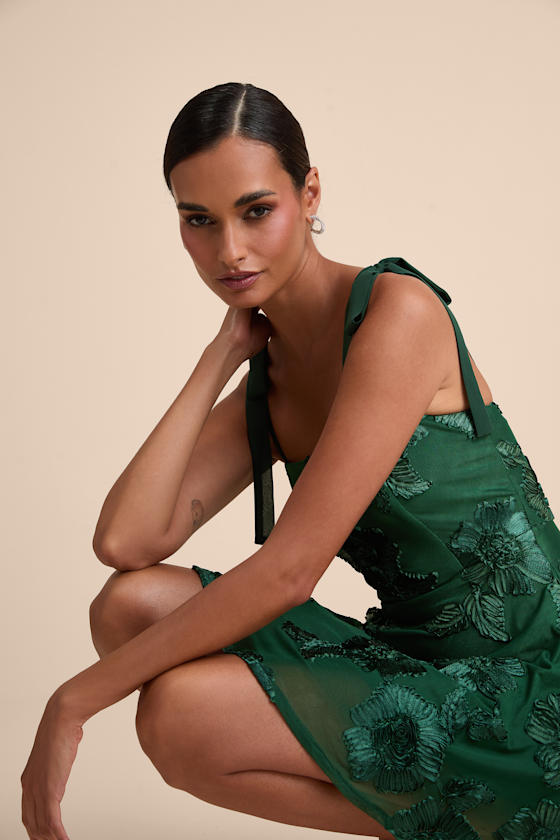 Truly Inspiring Dark Green Floral Applique Tie-Strap Mini Dress