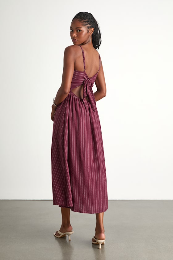 Feeling the Best Plum Striped Tie-Back Midi Dress with Pockets