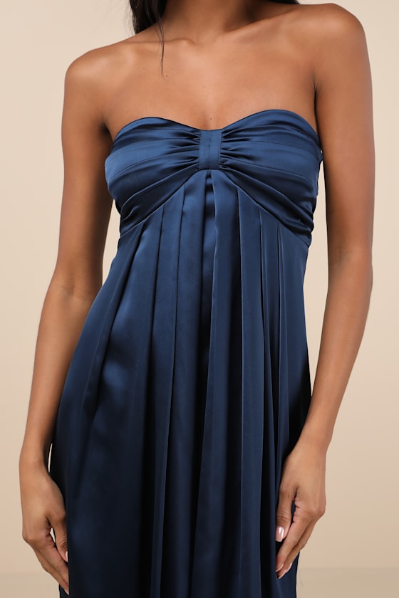 Memorable Entrance Dark Blue Strapless Satin Maxi Dress