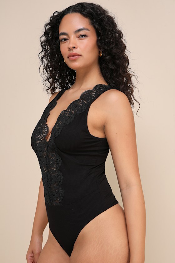 Ravalli Black Lace Ribbed Sleeveless Bodysuit