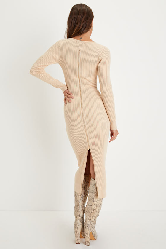 Everyday Beauty Beige Long Sleeve Ribbed Knit Sweater Dress