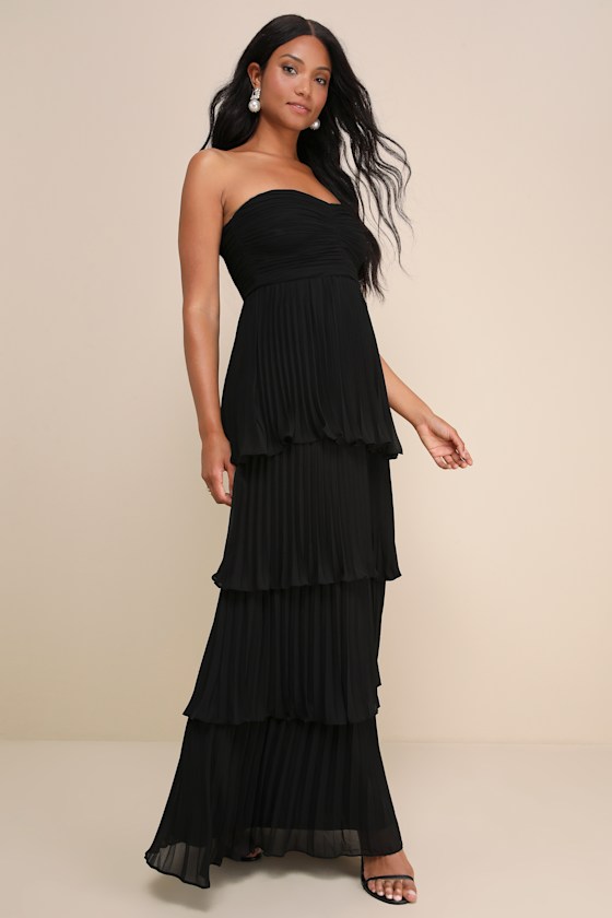 Seriously Sensational Black Strapless Tiered Maxi Dress