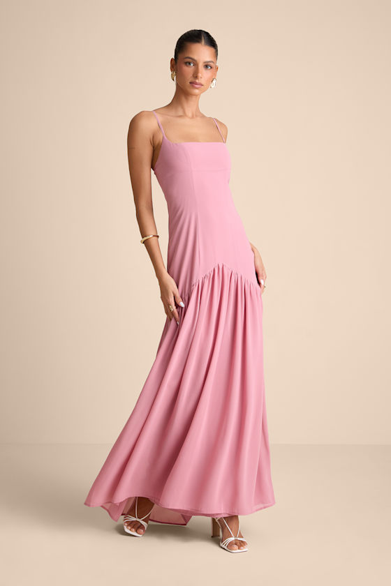 Auria Light Pink Chiffon Drop Waist Maxi Dress