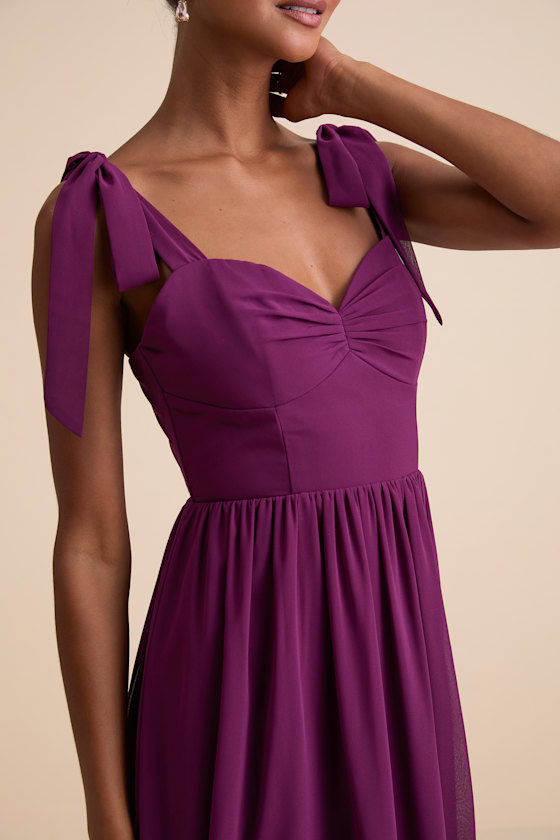 Radiant Charisma Plum Chiffon Ruched Tie-Strap Maxi Dress