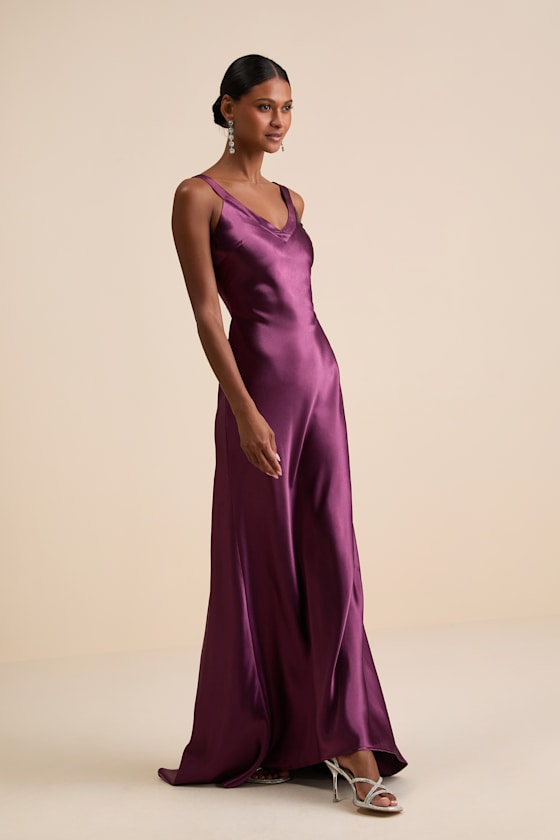 Perfectly Classy Plum Purple Satin Strappy Maxi Dress