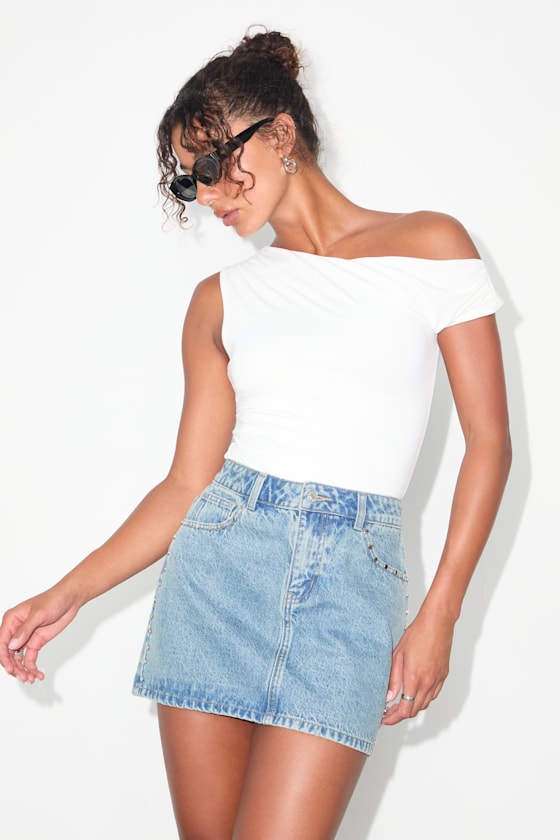 Tayana Light Wash Studded Denim Mini Skirt