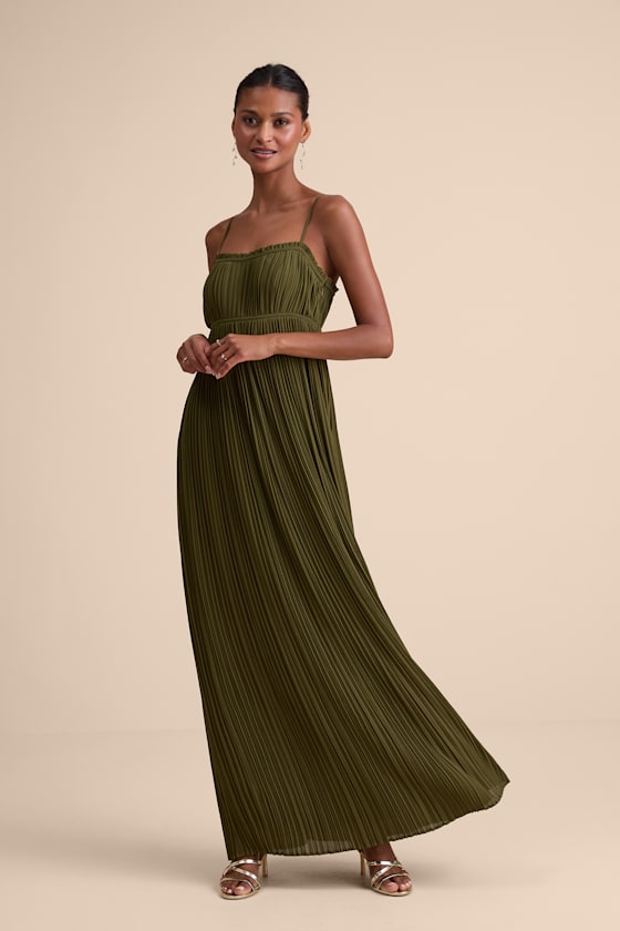 Delina Olive Plisse Chiffon Tie-Back Maxi Dress