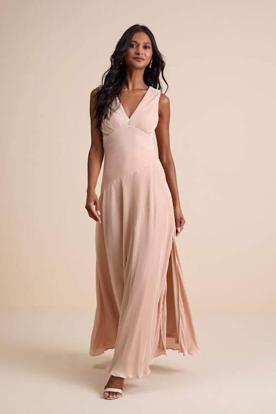 Renee Blush Satin Plisse V-Neck Maxi Dress
