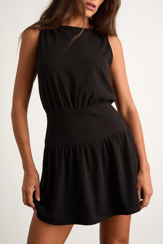 Junie Black Ribbed Knit Boat Neck Mini Dress