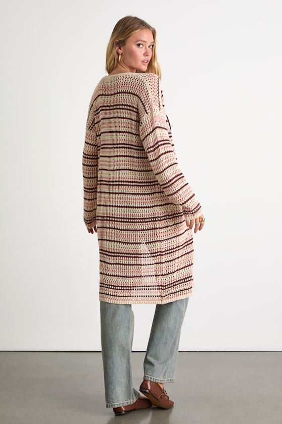 Breezy Strolls Beige Multi Striped Crochet Long Cardigan
