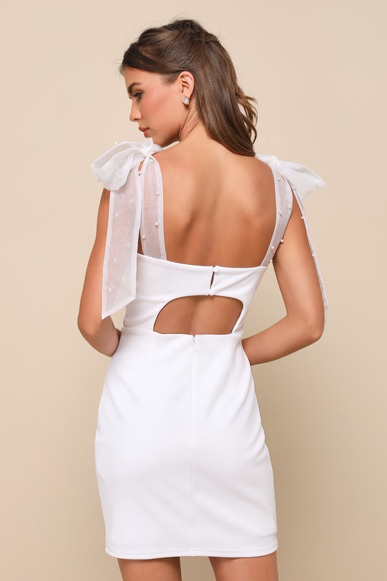 Beaming Perfection White Pearl Organza Tie-Strap Mini Dress