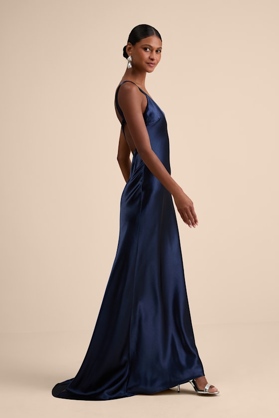 Perfectly Classy Navy Satin Strappy Maxi Dress