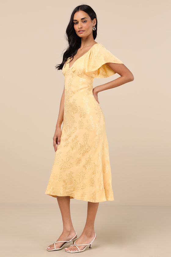 Effervescent Afternoon Yellow Satin Flutter Sleeve Midi Dress