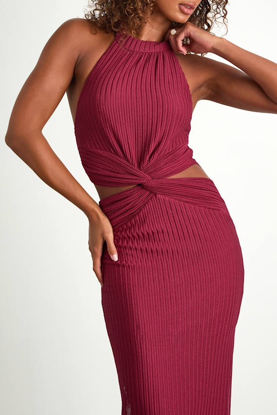 Poised Attitude Burgundy Halter Cutout Twist-Front Midi Dress