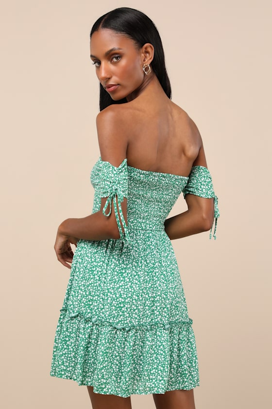 Sweetest Feelings Green Floral Off-the-Shoulder Mini Dress
