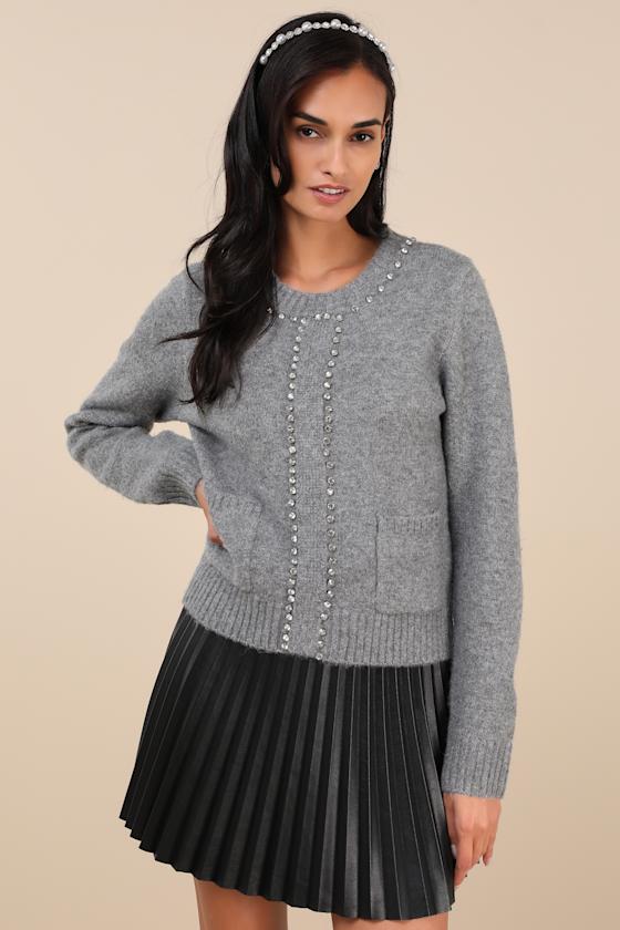 Sparkling Appeal Heather Grey Rhinestone Sweater
