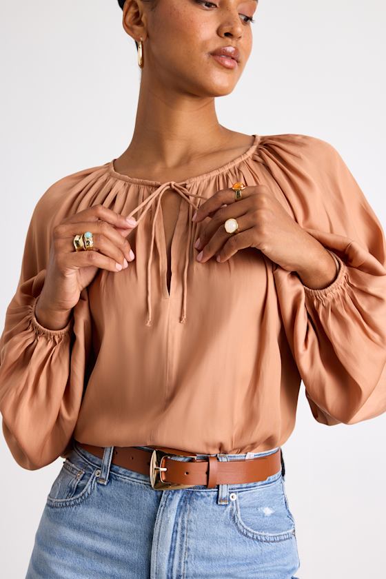 Hestia Tan Gathered Balloon Sleeve Top