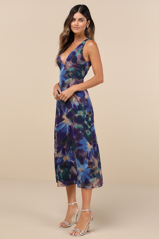 Delight in Elegance Blue Multi Floral Halter Cutout Midi Dress