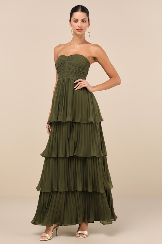Seriously Sensational Olive Green Strapless Tiered Maxi Dress