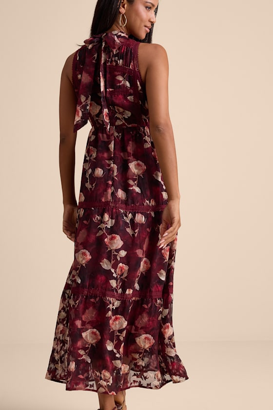 Etheline Burgundy Floral Lace Tiered Midi Dress