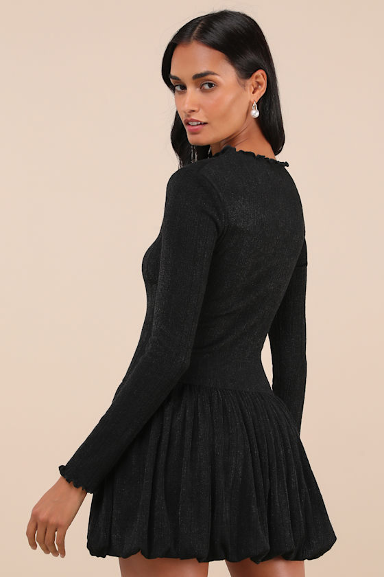 Approachably Adorable Black Ribbed Bubble-Hem Mini Dress