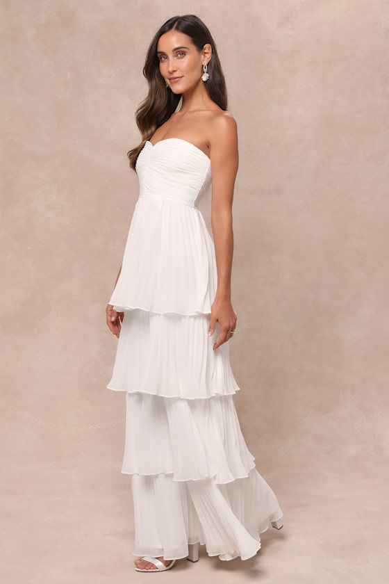 Seriously Sensational White Strapless Tiered Maxi Dress