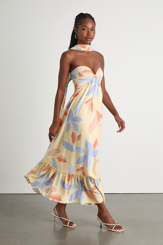 Kelia Light Yellow Leaf Print Midi Dress and Scarf Set