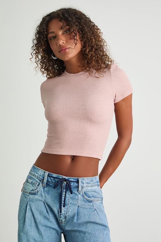 Poppy Heathered Blush Ribbed Knit Short Sleeve Tee