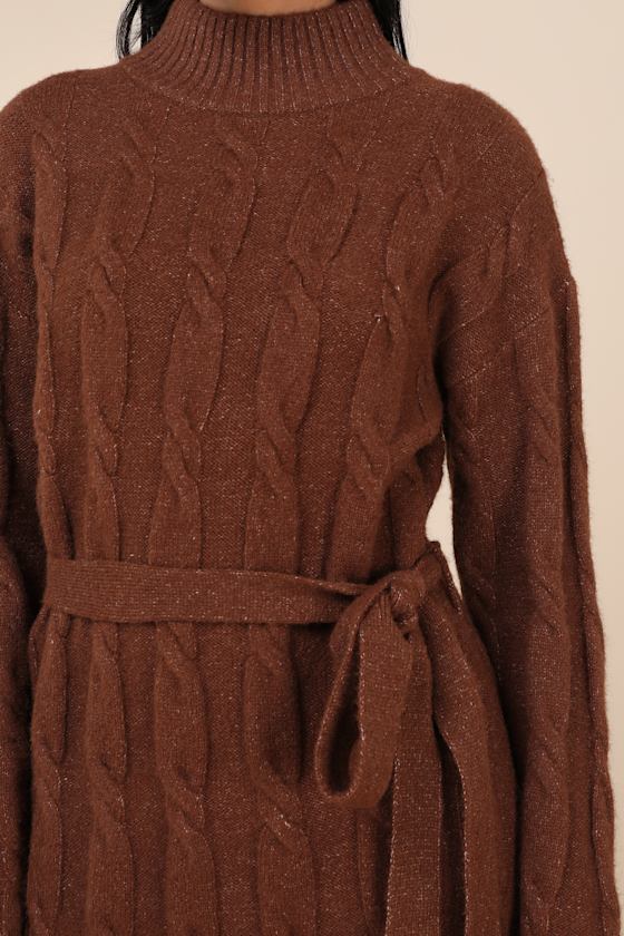 Warmed Up To You Brown Cable Knit Mock Neck Sweater Dress
