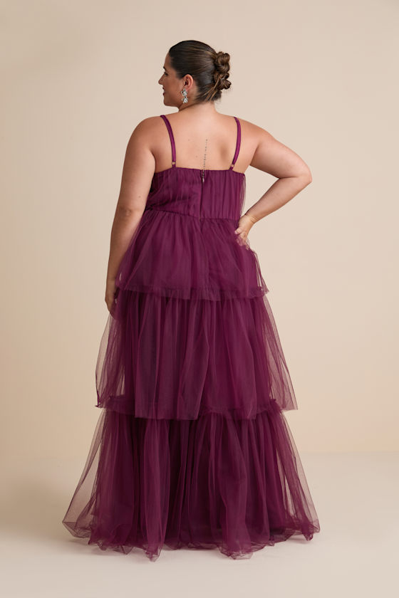 Unforgettable Poise Plum Purple Tulle Bustier Tiered Maxi Dress