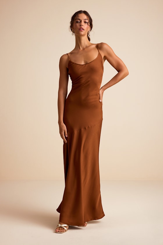 Riyona Rust Brown Satin Seamed Sleeveless Maxi Dress