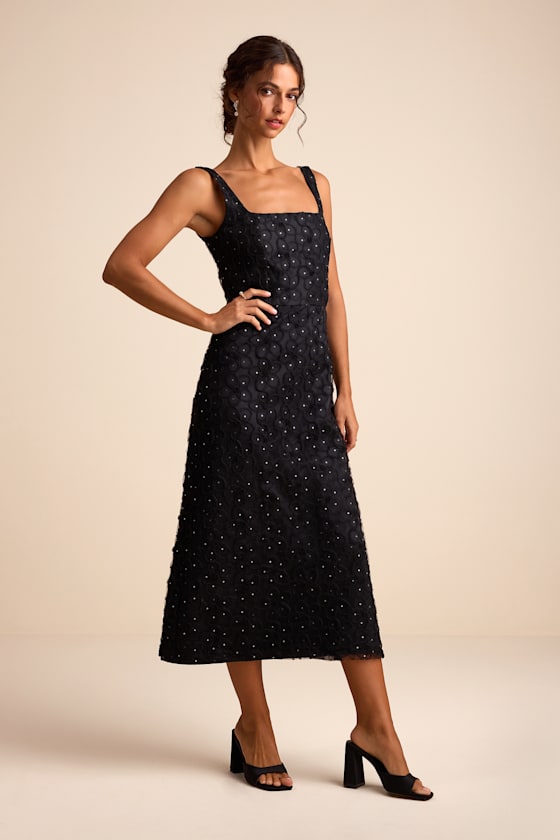 Sandrina Black Textured Sequin Square Neck Midi Dress