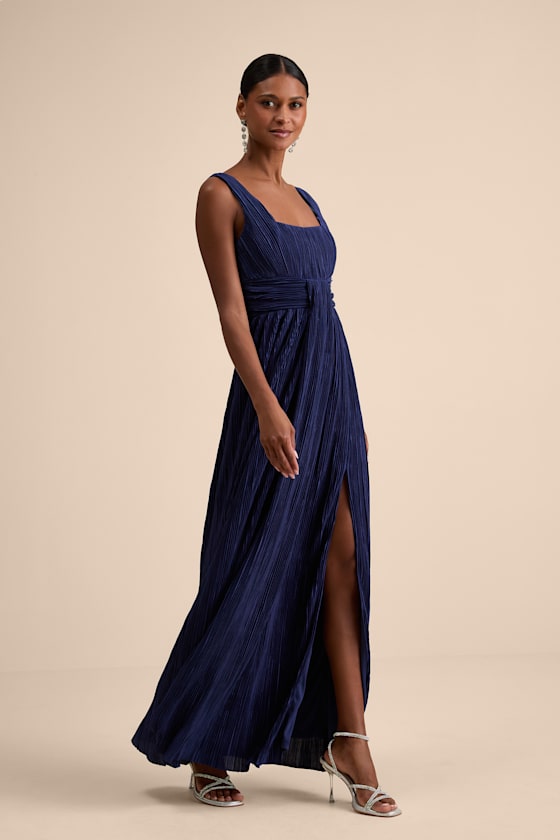 Ameena Navy Blue Plisse Square Neck Sash Maxi Dress