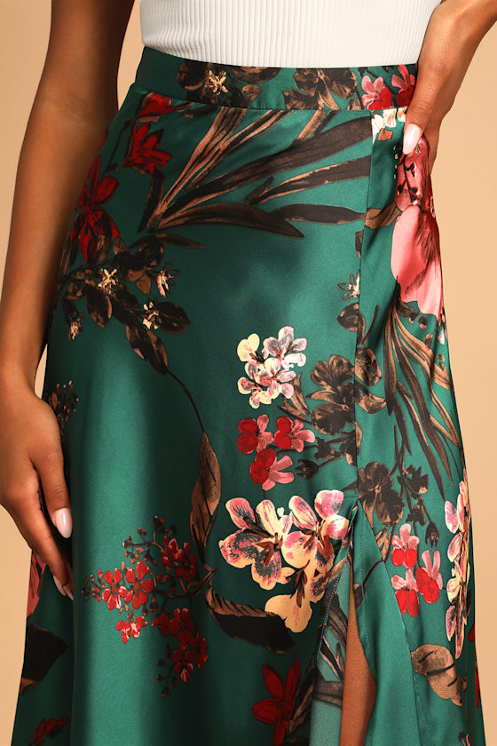 Superbly Stunning Emerald Green Floral Print Satin Maxi Skirt