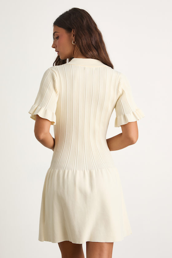 Yavina Cream Collared Skater Sweater Mini Dress
