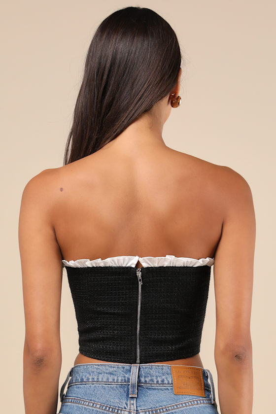Polished Chicness Black Tweed Bustier Ruffled Crop Top