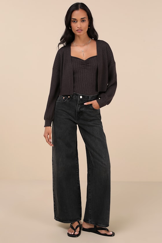 Cutest Duet Charcoal Knit Cami Top and Cardigan Sweater Set