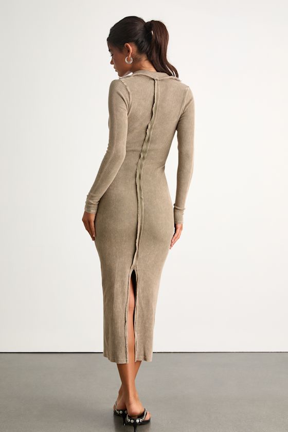 Effortlessly Pristine Washed Olive Ribbed Long Sleeve Midi Dress