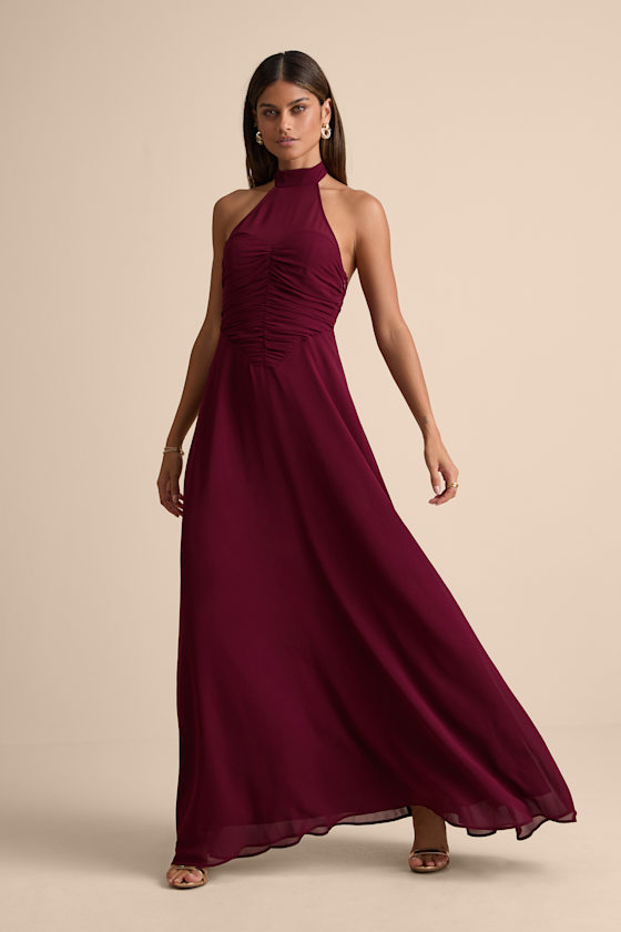 Cammie Burgundy Halter Neck Ruched Maxi Dress