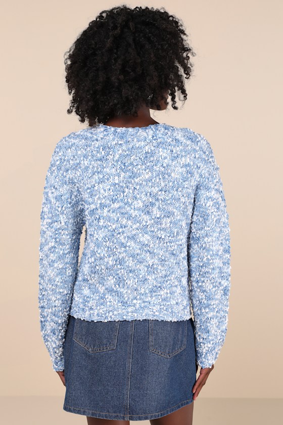 Curated Coziness Blue and White Boucle V-Neck Cardigan