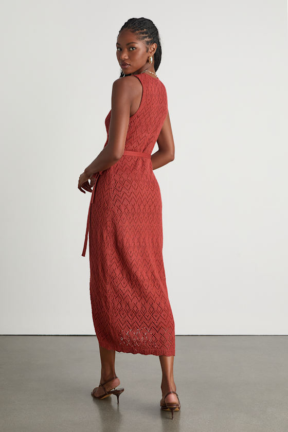 Kasper Rusty Red Pointelle Knit Wrap Midi Dress