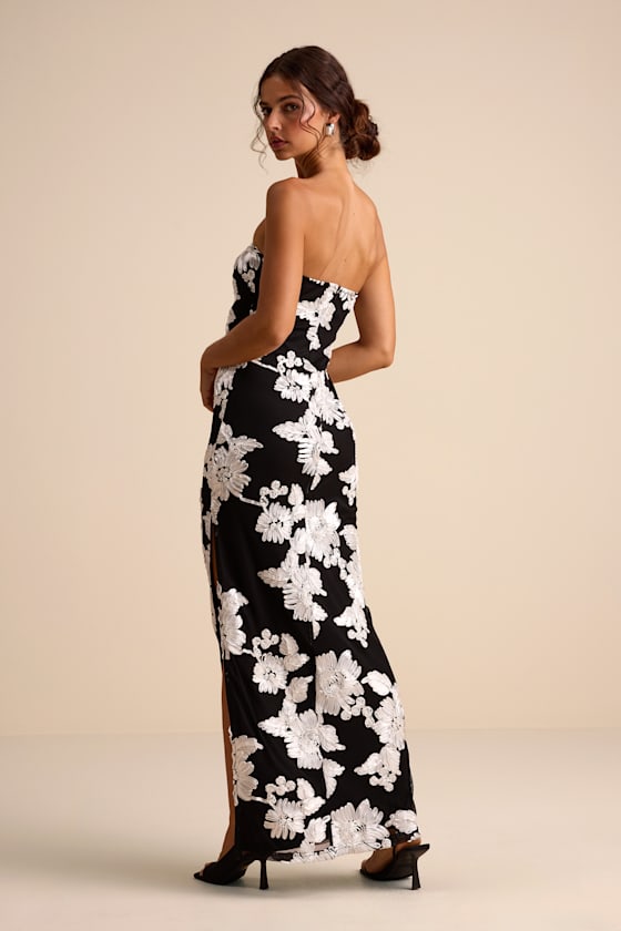 Fitzroy Black Floral Textured Strapless Maxi Dress