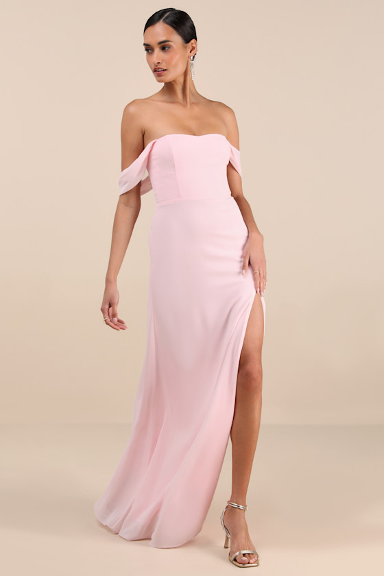 Magical Magnetism Light Pink Off-the-Shoulder Maxi Dress