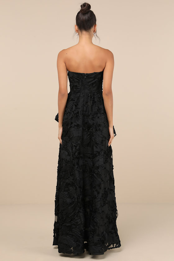 Majestic Glam Black Strapless Textured High-Low Maxi Dress