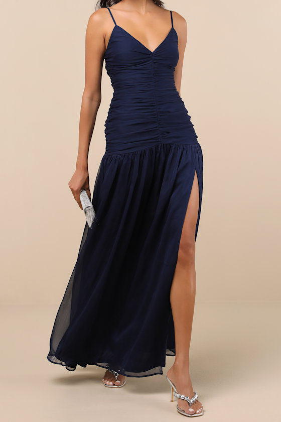 Ronna Navy Ruched Drop Waist Maxi Dress