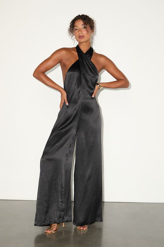 Charismatic Muse Black Satin Wide-Leg Halter Jumpsuit