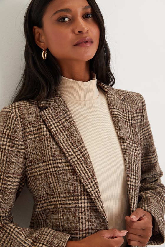 Sophisticated Chic Brown Plaid Tweed Blazer