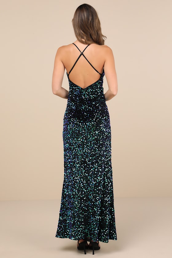Keep it Regal Green Iridescent Sequin Velvet Maxi Dress