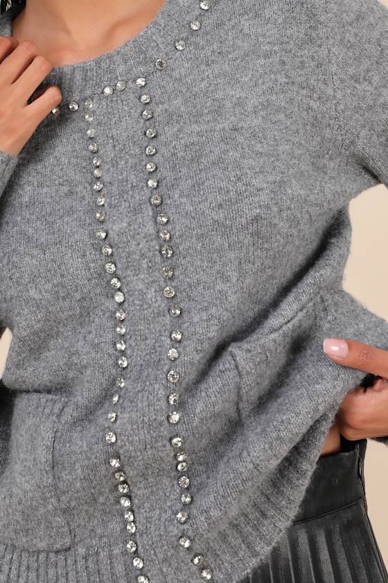 Sparkling Appeal Heather Grey Rhinestone Sweater